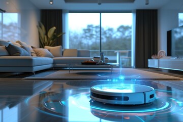 wireless futuristic vacuum hoover cleaning machine robot on schedule in a living room with HUD datum data and controls, concept of internet of things and smart home appliances a wide banner design