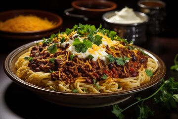 stylist and royal Cincinnati chili delicious food dish recipe close-up, space for text, photographic