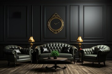 stylist and royal Classic black modern interior empty room with lounge armchairs, table and mirrors, space for text,