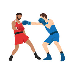 Two boxers fighting. Battle spectacle event with knockdown between professional sportsmen in sportswear. Flat vector illustration isolated on white background