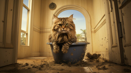 The cat relieves itself, pees cat litter. - obrazy, fototapety, plakaty