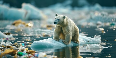 Portrait of polar bear swimming in water strewn with plastic waste left by human activity. - obrazy, fototapety, plakaty