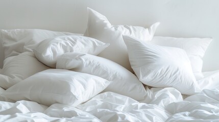  a pile of white pillows sitting on top of a bed covered in white sheets and white pillow shampoos. - obrazy, fototapety, plakaty