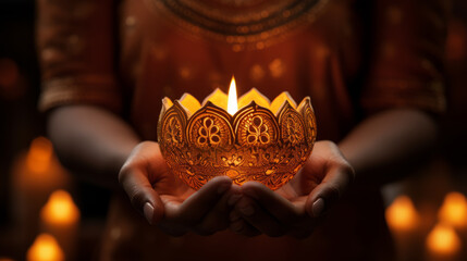 Fototapeta na wymiar Diwali Clay Lamp in woman hand, Happy Diwali celebration.