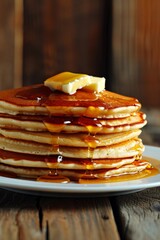 Delicious breakfast, pancakes with butter and sweet syrup.