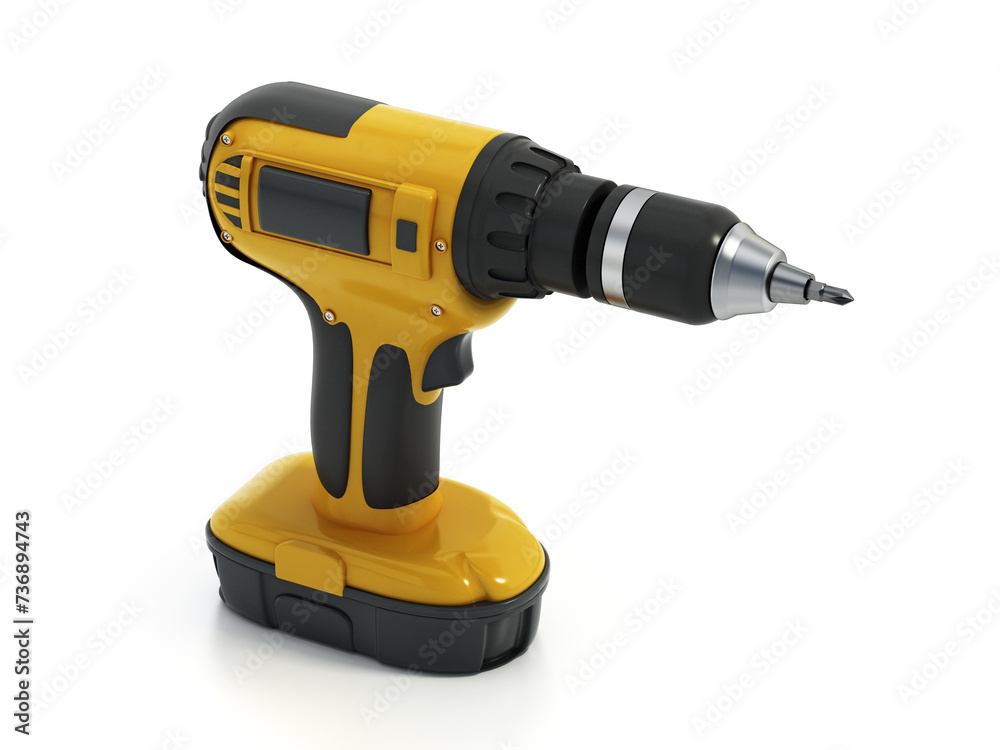 Poster rechargeable cordless drill isolated on white background. 3d illustration