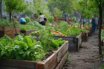 Wooden raided beds in an urban garden. People harvesting fresh vegetables, herbs spices in city urban community garden near their home. Sustainable living lifestyle