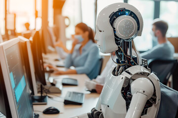 Robot work in office among people. Humanoid working at computer at call center or in technical support. Futuristic worker in IT team