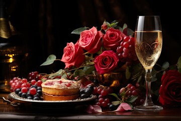 stylist and royal Celebration with wine and rose, space for text, photographic
