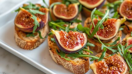  a close up of a plate of food with figs and greens on a white plate with a marble table.