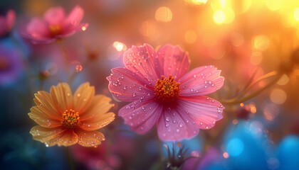 Vibrant flowers with water droplets, illuminated by a soft bokeh light, evoke a serene, magical atmosphere.