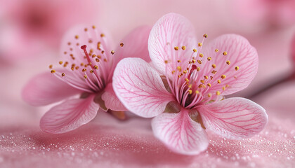 Delicate pink cherry blossoms with intricate details and water droplets on a soft pink background