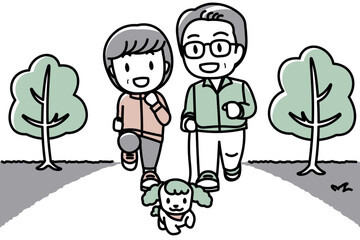 公園で散歩するシニア夫婦と犬