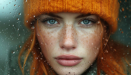A young woman with striking blue eyes and freckles, wearing a mustard-yellow beanie, gazes through a rain-speckled window.