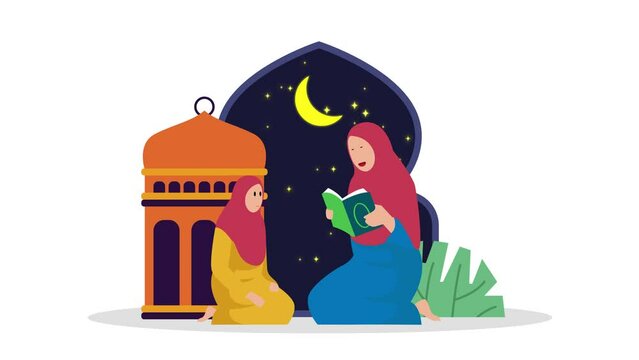 Muslim mother and daughter reading koran during holly month of Ramadhan