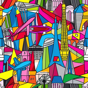 Travel themed collage origami colorful pop art line art scrapbook moodboard seamless repeat pattern, Europe, USA, world, abstract, cubism