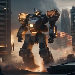 Giant robot rampage, Massive robotic behemoth rampaging through a cityscape as military forces mobilize to stop it3 - obrazy, fototapety, plakaty
