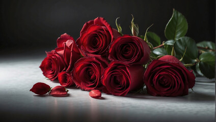 Sechs rote Rosen mit Blütenblättern auf grauem Untergrund