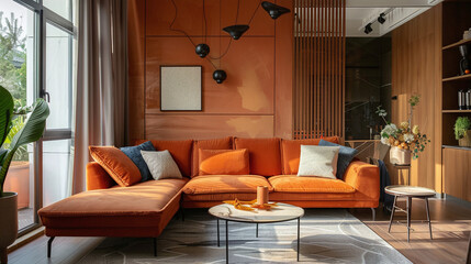 The interior is decorated with orange furniture to control the tone in the living room. Ai generate.
