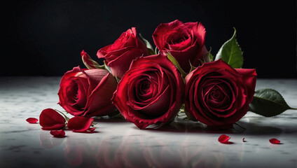 Fünf rote Rosen mit Blütenblättern auf hellgrauem Untergrund