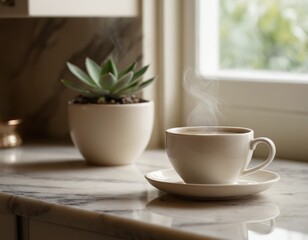 A cup of coffee on a marble window sill with a green flower. AI generated.