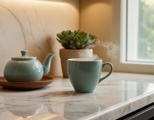 A cup of delicious tea on a windowsill with a green flower and rays of sun. AI generated.