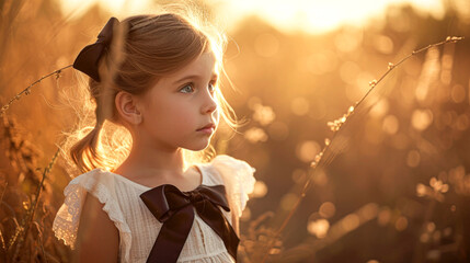 Young girl with contemplative gaze in a sunlit field at sunset