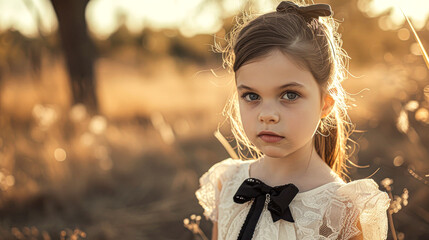 Young girl with contemplative gaze in a sunlit field at sunset