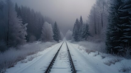  a train track in the middle of a forest with snow on the ground and trees on both sides of the tracks.