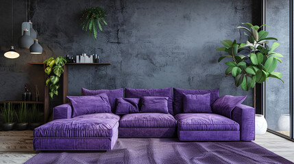 Furniture decorates the house with purple tones and a living room with a sofa. Ai generate. 