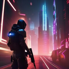 Cybernetic assassin, Ruthless cyborg assassin stalking its prey amidst a futuristic cityscape of neon lights and shadows4