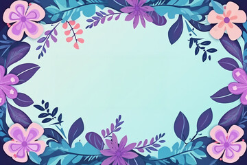 Fototapeta na wymiar a blue and purple flower frame with leaves and flowers on it, with a blue background and a pink center, generative ai