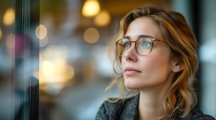 The work environment, a focused working woman directs her gaze forward, exemplifying determination and concentration in the midst of the workplace atmosphere.
