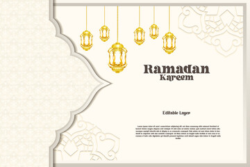 Elegant glamour background and poster Ramadan Kareem with gradient style and realistic icon.