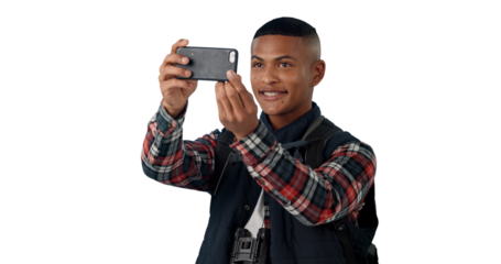 Hiking, cellphone and man with photography on travel for social media, mobile app or internet. Tourism, phone and young male person with picture for trekking isolated by transparent png background.