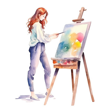 Exquisite watercolor illustration featuring a girl painting on an easel with paints, isolated
