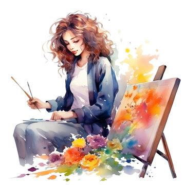 Exquisite watercolor illustration featuring a girl painting on an easel with paints, isolated