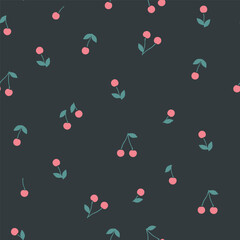 Vector seamless cherry pattern on a black background. Hand-drawn illustration of summer fruits. The fresh design is great for wallpaper or gift wrapping.