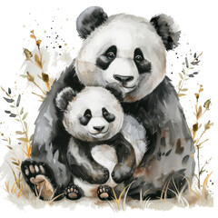 print, cute watercolor hand-painted panda with baby panda in boho colors isolated