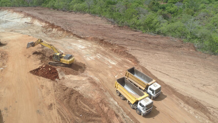 construction machines at works, dozer, roller machine, excavator, crawler rock drill machine,...