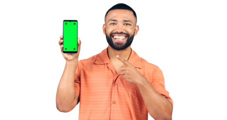 Happy man, portrait and pointing to phone with green screen for advertising on a transparent PNG background. Isolated male person showing mobile smartphone or chromakey display in marketing on mockup