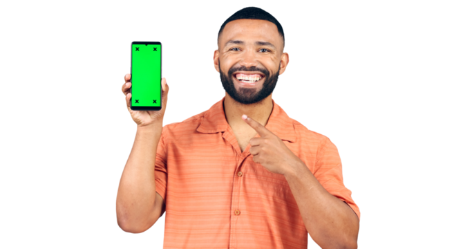 Happy man, portrait and pointing to phone with green screen for advertising on a transparent PNG background. Isolated male person showing mobile smartphone or chromakey display in marketing on mockup