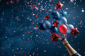 champagne bottle with star shaped red and blue balloons bursting out of the bottle flying around, confetti dark blue background, US theme for Presidents Day or 4th of July