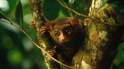 a close up of a monkey on a tree branch with its eyes wide open and it's head sticking out of the top of the tree. - obrazy, fototapety, plakaty