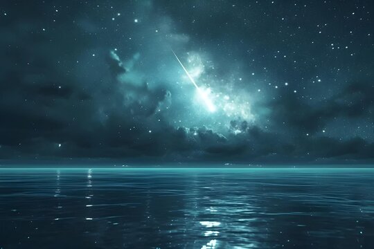 Detailed stock image of a meteor shower illuminating the sky above a calm ocean, capturing the spectacle of celestial events.