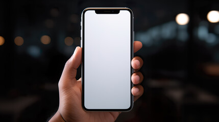 Smartphone held in hand, mockup with large display for modern phone app for template design | Generative AI