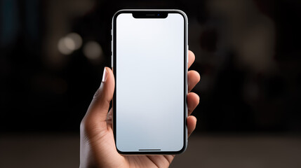 Smartphone held in hand, mockup with large display for modern phone app for template design | Generative AI