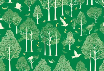 Muurstickers A pattern with trees and birds on a green background © Abdul