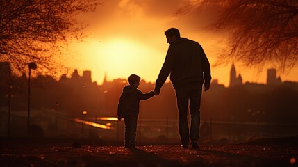 Father and son enjoying sunset playtime at the park