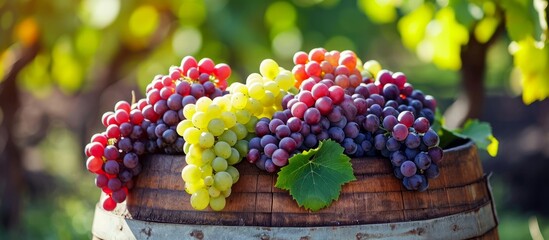 A bunch of seedless grapes, a type of fruit, sits on a wooden barrel. Grapes are a natural food and a type of berry that are known for being a superfood - Powered by Adobe